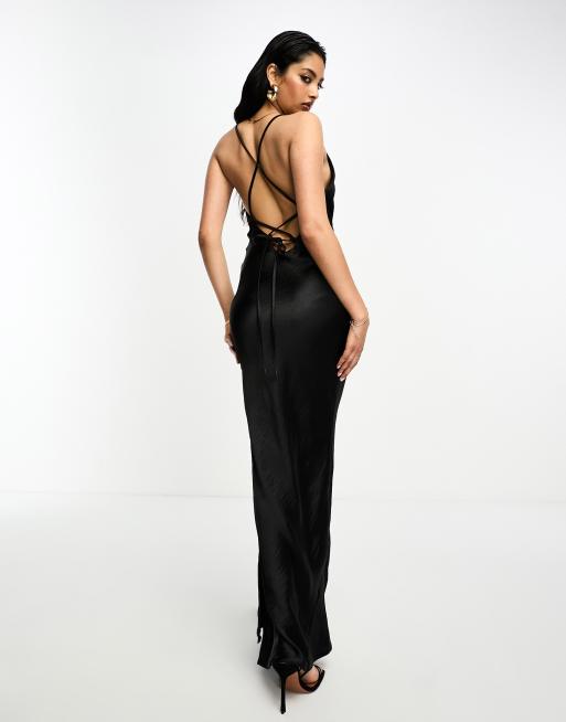 Black Satin Cowl Neck Lace Up Back Maxi Dress