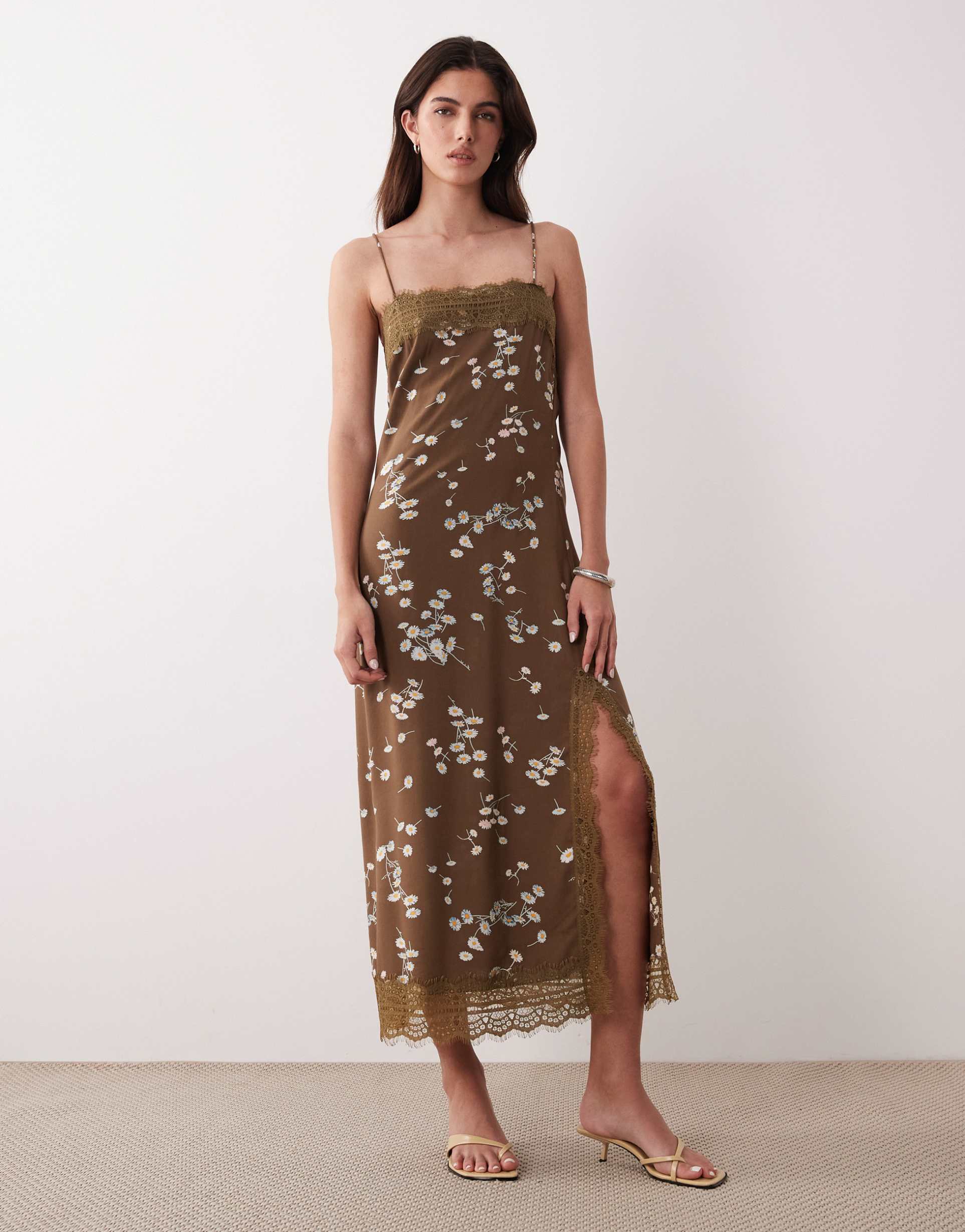 asos design cami maxi slip dress with lace trim in mocha delicate floral