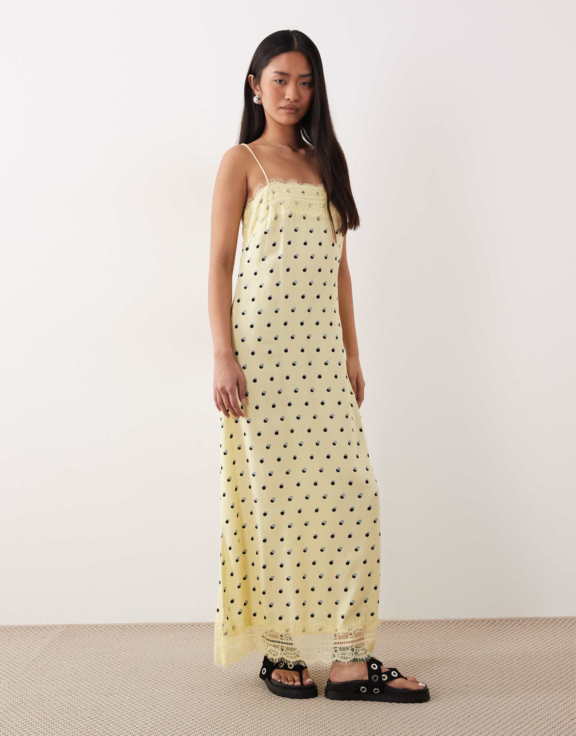 asos design cami maxi slip dress with lace trims in buttermilk base spot print