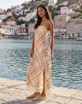 ASOS DESIGN cami maxi slip dress with lace trims in multi lemon plaid print