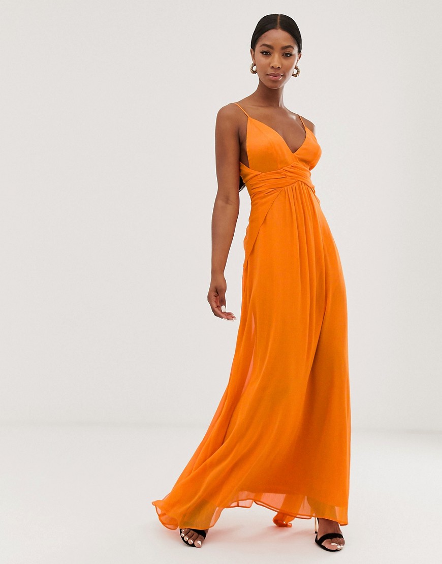 ASOS DESIGN cami-maxikjole med blød nederdel og sammenrynket tætsiddende top-Orange