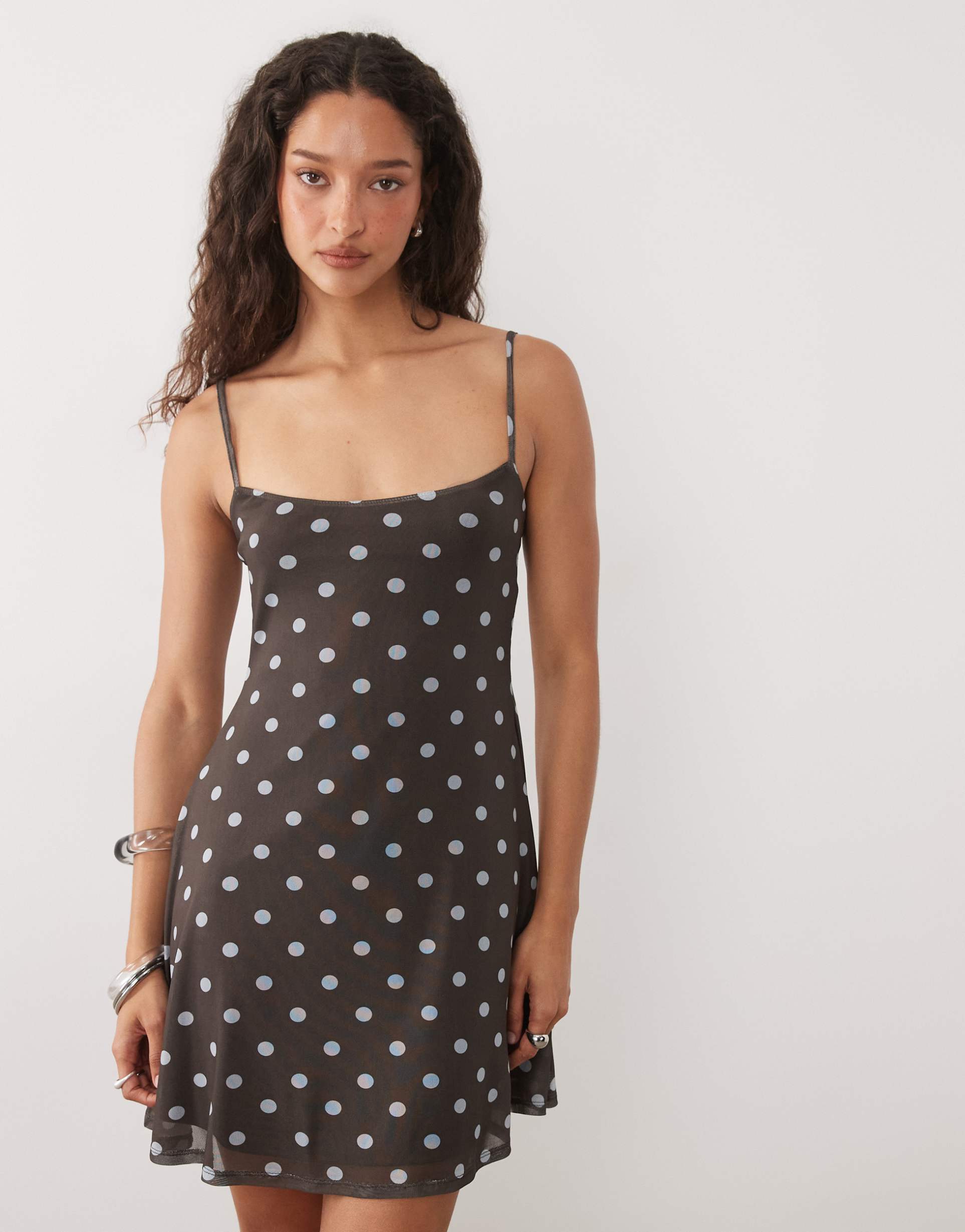 asos design cami mesh mini dress in chocolate polka dot
