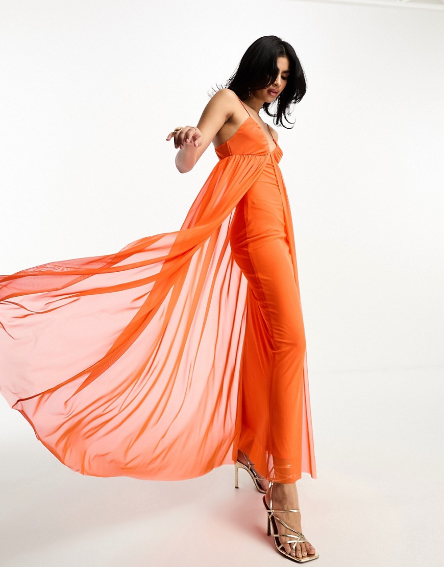 ASOS DESIGN cami mesh overlay skater maxi dress in orange-Neutral