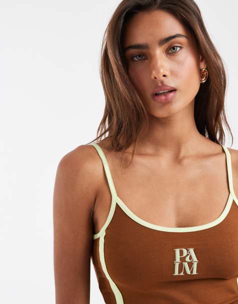 ASOS DESIGN - Cami met contrasterende bandjes en Palm-borduursel in chocoladebruin en pistachegroen - view 1