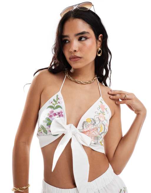 ASOS DESIGN - Cami met geborduurde bloemen en gestrikte voorkant in wit, deel van co-ord set