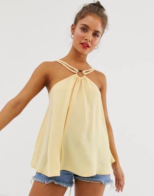 ASOS DESIGN halterneck cami with ring detail and braiding-Yellow Yellow