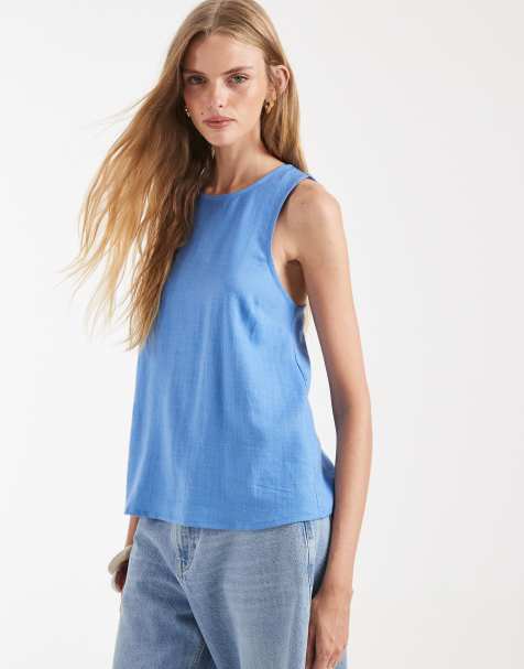 ASOS DESIGN - Cami met linnen, gekruiste achterkant en ronde hals in blauw - view 1