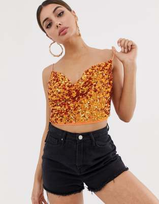 ASOS DESIGN - Paillettenbesetztes Camisole mit Wasserfallausschnitt - Orange