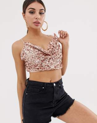 ASOS DESIGN - Paillettenbesetztes Camisole mit Wasserfallausschnitt - Rosa