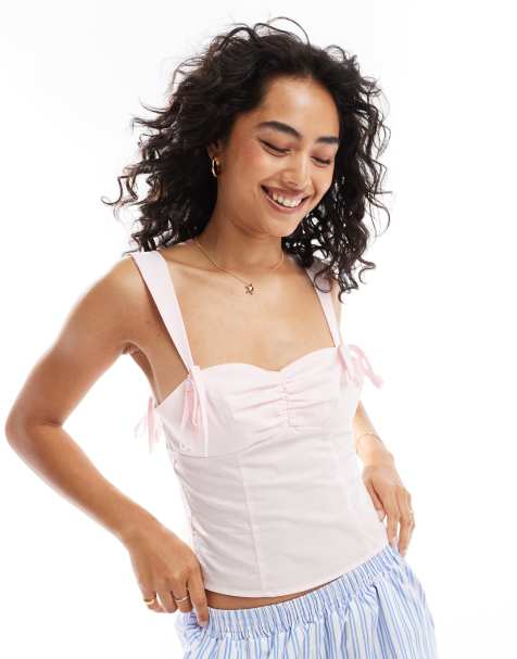 ASOS DESIGN - Cami met strikdetail en gerimpelde buste in roze - view 1