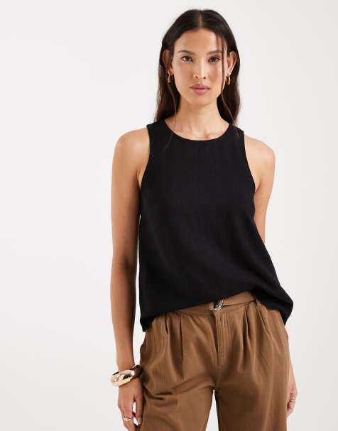 ASOS DESIGN - Cami met van linnen met gekruiste achterkant en lage ronde hals in zwart - view 1