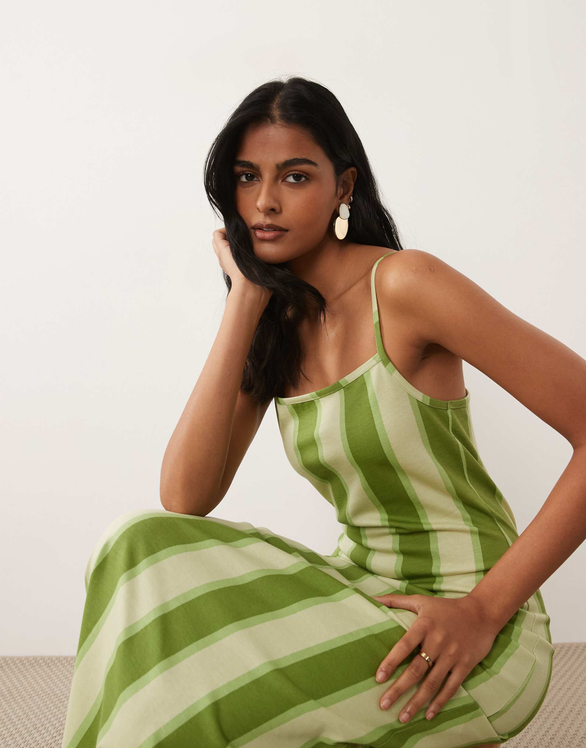 asos design cami midi dress in green stripe