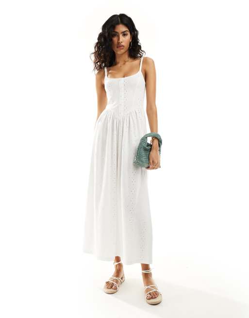 ASOS DESIGN cami midi dress with button front princess seam and full skirt broderie in white