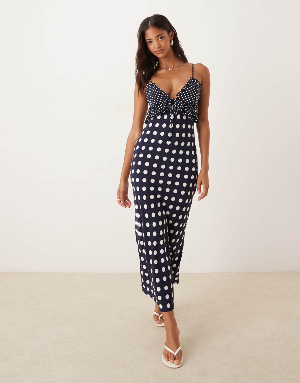 ASOS DESIGN cami midi dress with frill detail in mixed polka dot print