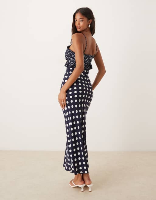 ASOS DESIGN cami midi dress with frill details in mixed polka dot print