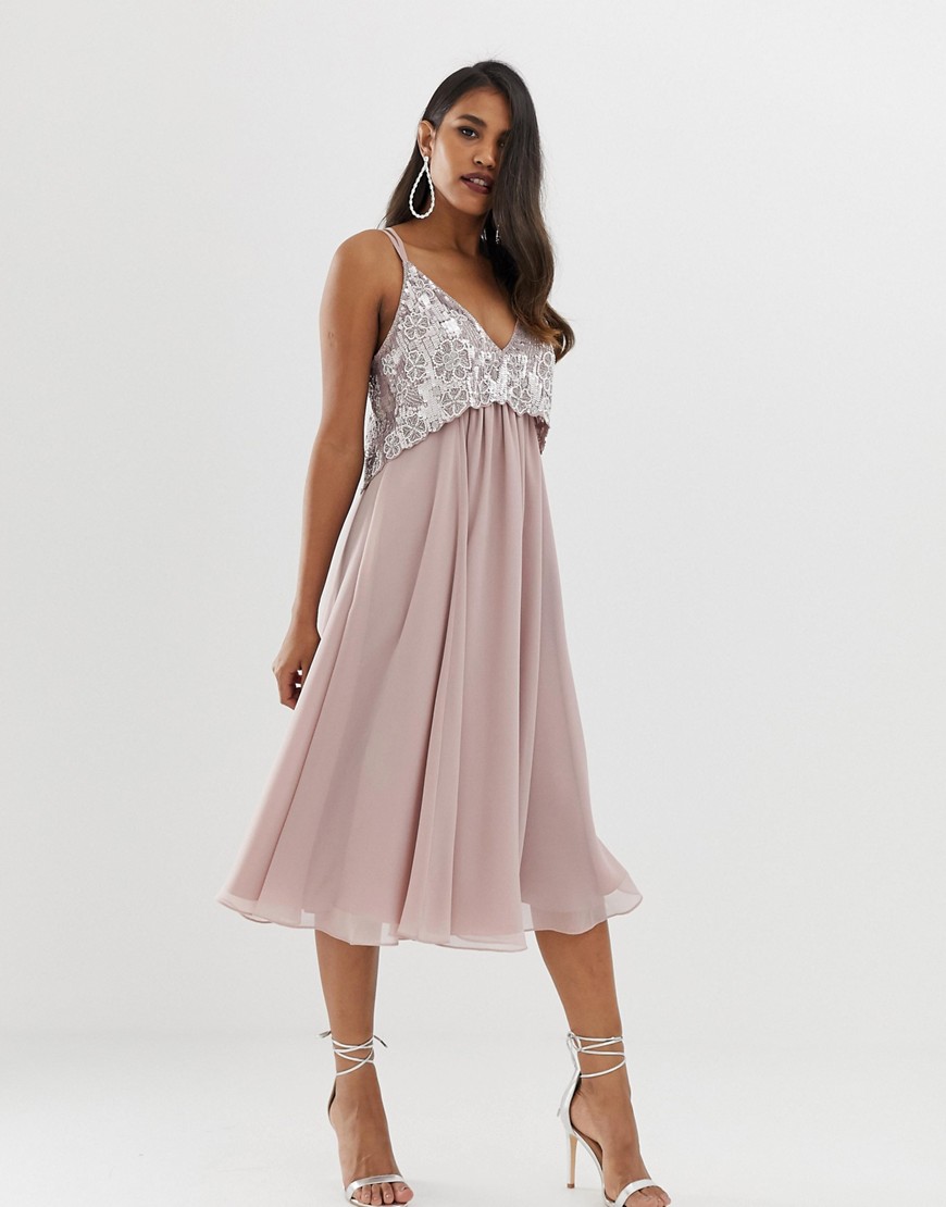 ASOS DESIGN cami midi dress with pearl and embellished crop top bodice-Pink