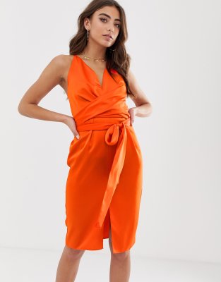 asos design cami midi dress with wrap waist in satin