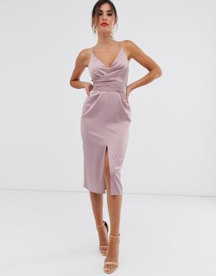 asos design cami midi dress with wrap waist in satin