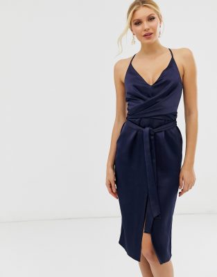 asos design cami midi dress with wrap waist in satin