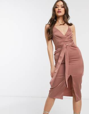 asos design cami midi dress with wrap waist in satin