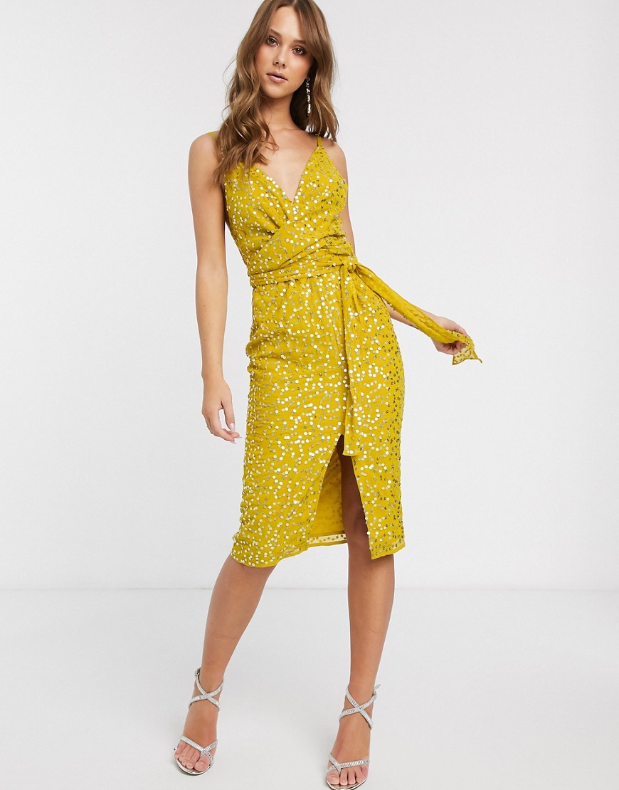 ASOS DESIGN cami midi dress with wrap waist in scatter sequin-Yellow
