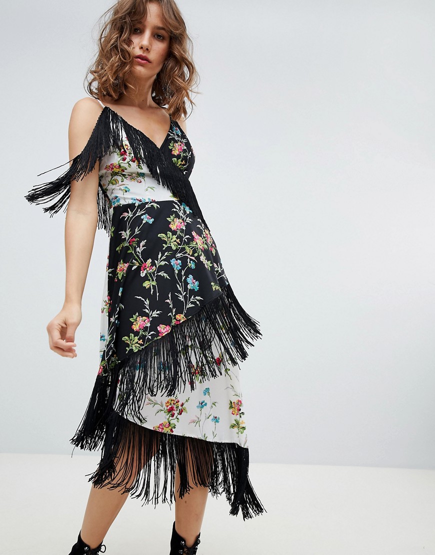 ASOS DESIGN cami midi-jurk met gemengde bloemenprint en franjes-Multi