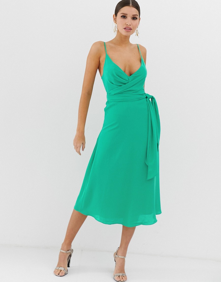 ASOS DESIGN - Cami midi-jurk met overslag en gestrikte taille-Groen