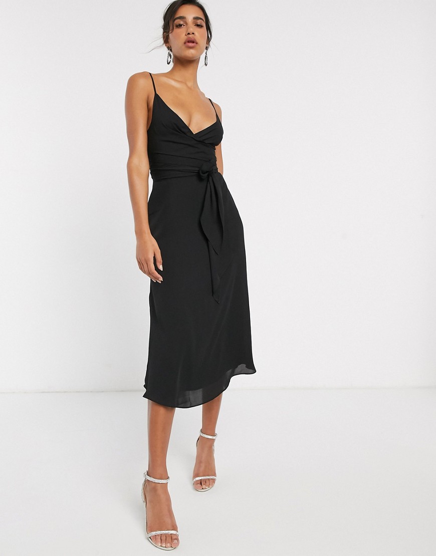 ASOS DESIGN - Cami midi-jurk met overslag en gestrikte taille-Zwart