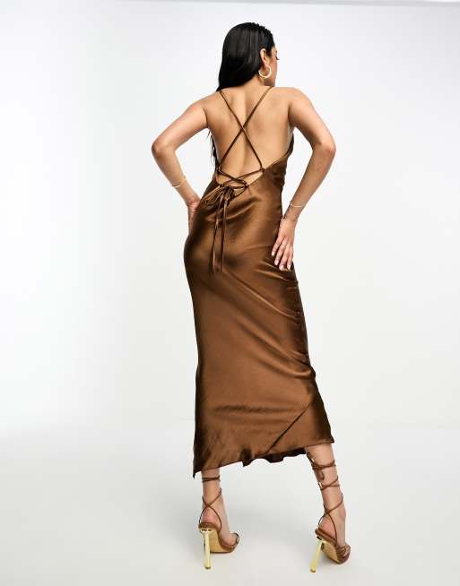 ASOS DESIGN cami midi slip dress in high shine satin with lace up back in  chocolate