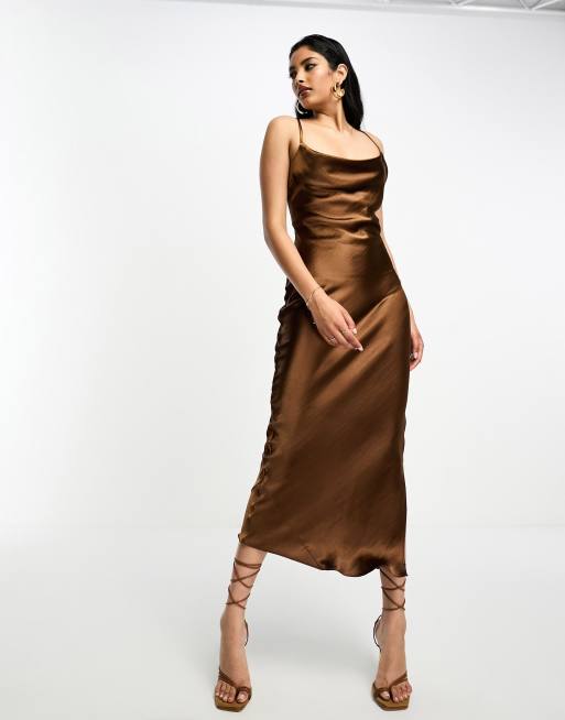 ASOS DESIGN cami midi slip dress in high shine satin with lace up back in  chocolate