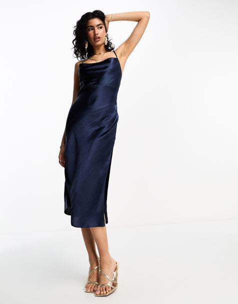 Elevated Romance Navy Blue Satin Asymmetrical Maxi Slip Dress