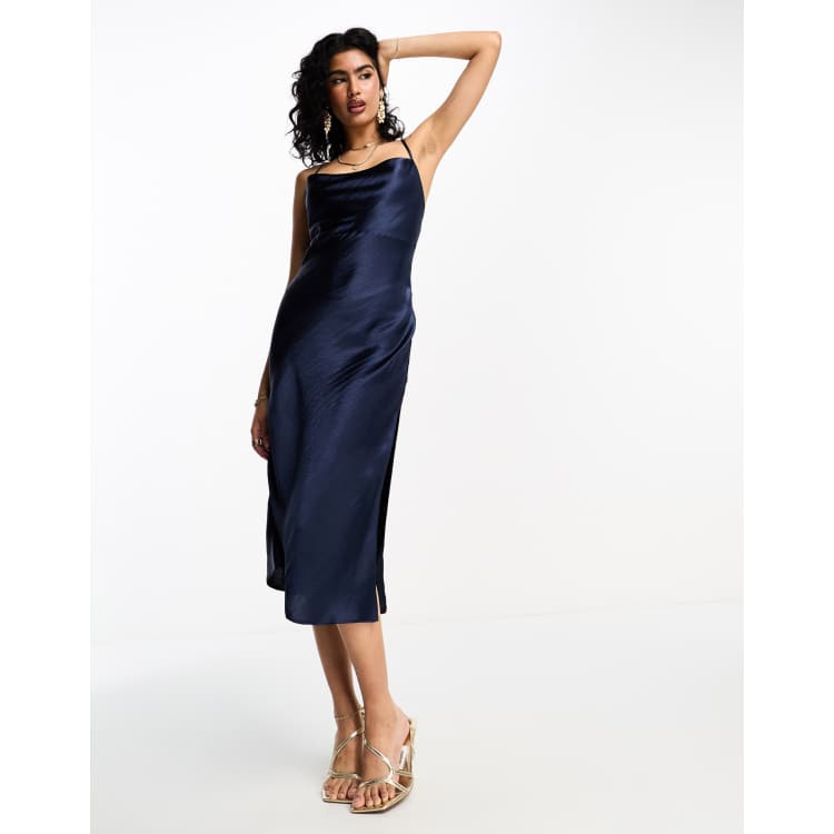 ASOS DESIGN cami midi slip dress in high shine satin with lace up back in  navy