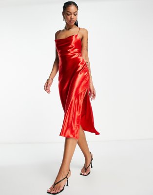 Asos Design Cami Midi Slip Dress In High Shine Satin With Lace Up Back-red In Red