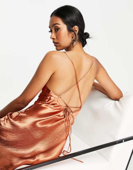 ASOS DESIGN cami maxi slip dress in high shine satin with lace up back in  rust