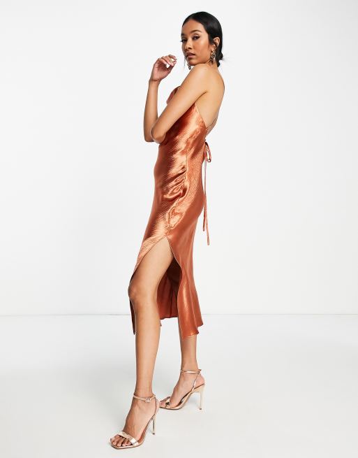 ASOS DESIGN cami midi slip dress in high shine satin with lace up back in terracotta