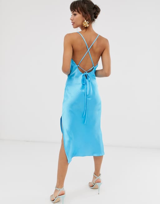 ASOS DESIGN cami midi slip dress in high shine satin with lace up