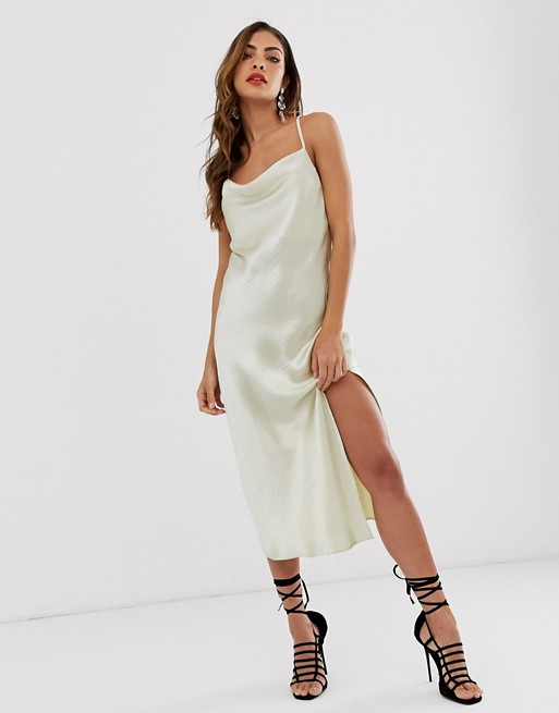 Image result for ASOS DESIGN cami midi slip dress in high shine satin with lace up back