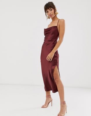 ASOS DESIGN cami midi slip dress in high shine satin with lace up back ...