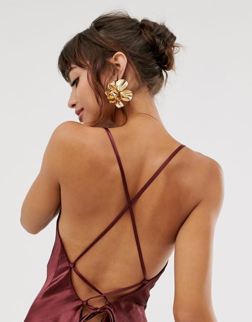 ASOS DESIGN cami maxi slip dress in high shine satin with lace up back in  gunmetal