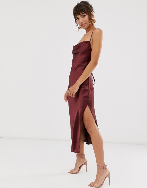 ASOS DESIGN cami midi slip dress in high shine satin with lace up back