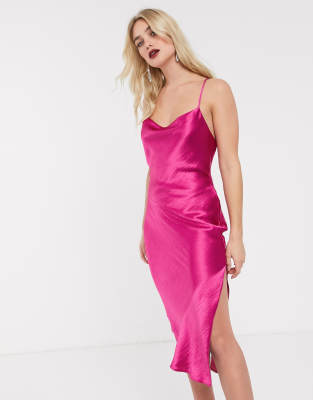 asos design cami midi slip dress in high shine satin with lace up back