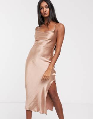asos design cami midi slip dress in high shine satin with lace up back