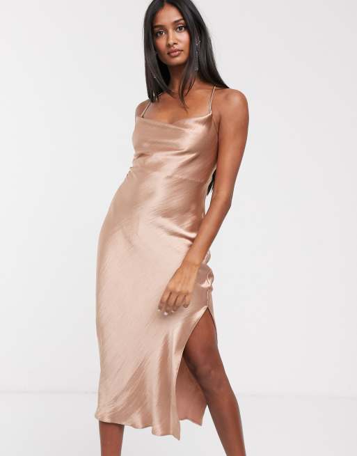 Asos Design Cami Midi Slip Dress In High Shine Satin With Lace Up Back