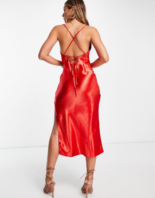 ASOS DESIGN cami midi slip dress in high shine satin with lace up back, 3 of 4
