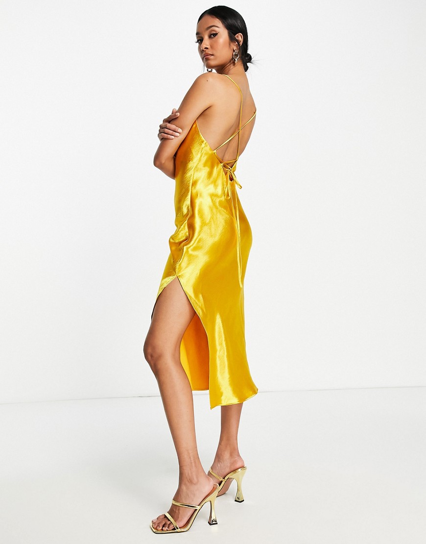 Asos Design Cami Midi Slip Dress In High Shine Satin With Lace Up Back In Orange In Gold