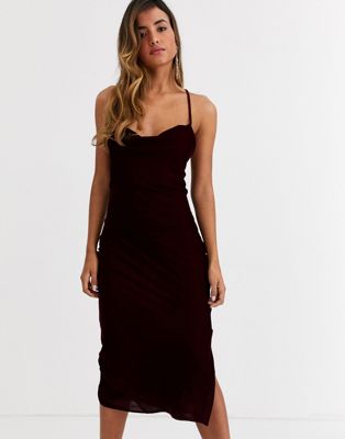 ASOS DESIGN cami midi slip dress in velvet with lace up back-Red