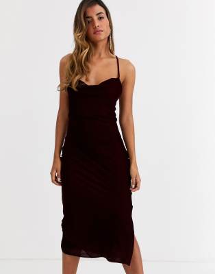 cowl neck velvet dress in wine