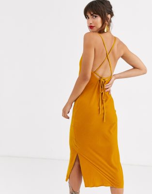 ASOS DESIGN cami midi slip dress in velvet with lace up back-Yellow