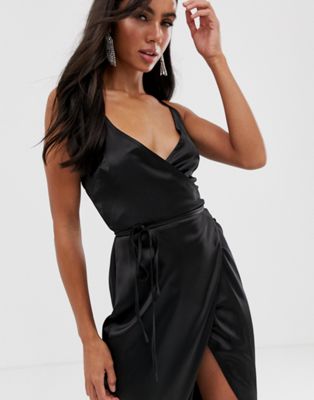 black satin wrap midi dress
