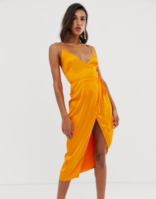 asos design cami midi dress with wrap waist in satin